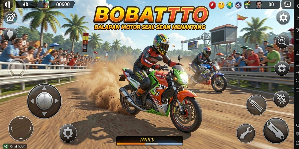 Screenshot BOBATOTO menampilkan aksi balapan motor yang mendebarkan.