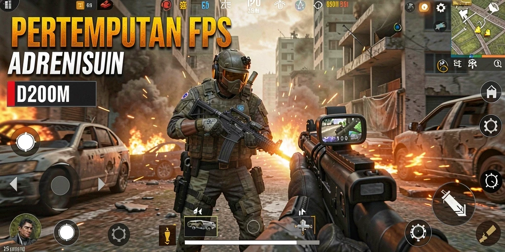Screenshot D200M menampilkan aksi gameplay FPS yang mendebarkan.