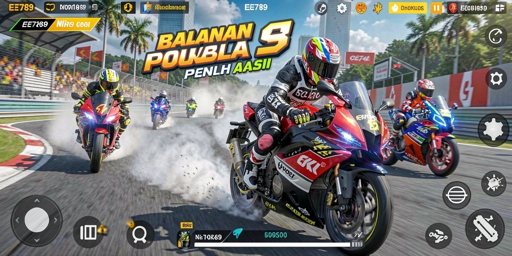 Tampilan gameplay seru dari EE789 dengan balapan motor yang mengasyikkan.