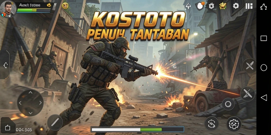 Tampilan aksi mendebarkan dari KOSTOTO saat karakter bertarung di medan perang.