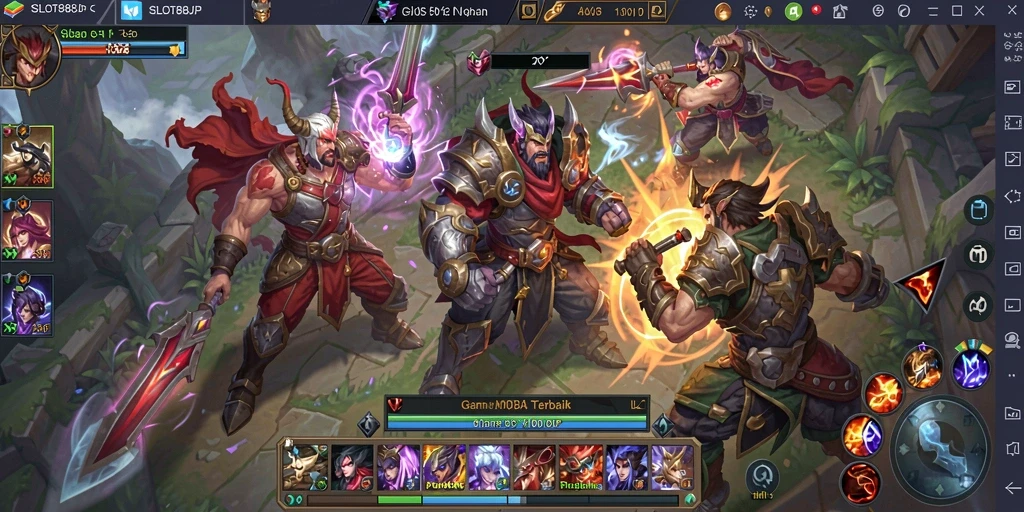Screenshot gameplay SLOT88JP menampilkan pertarungan epik antar karakter MOBA.