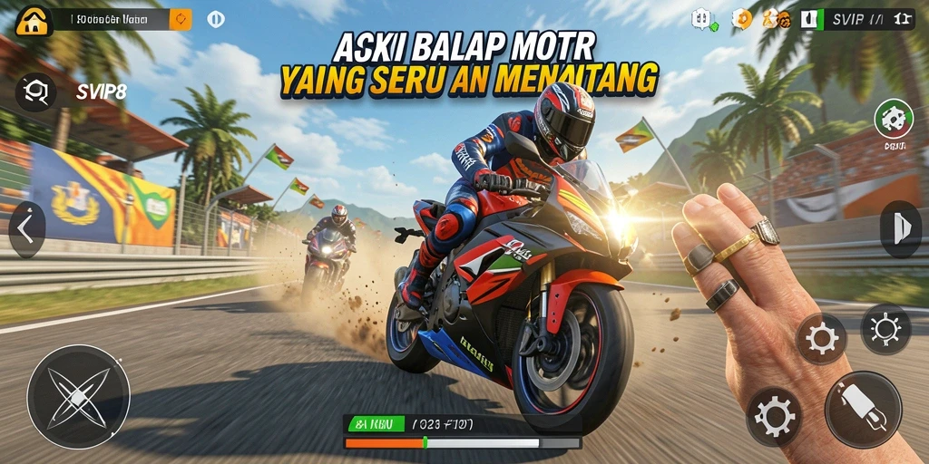 Screenshot gameplay SVIP8 menampilkan balapan motor yang intens.