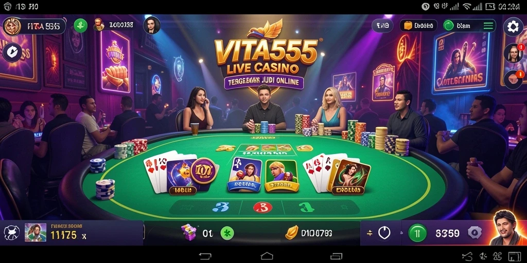 Screenshot utama VITA555 menampilkan dealer live dan suasana permainan kasino.